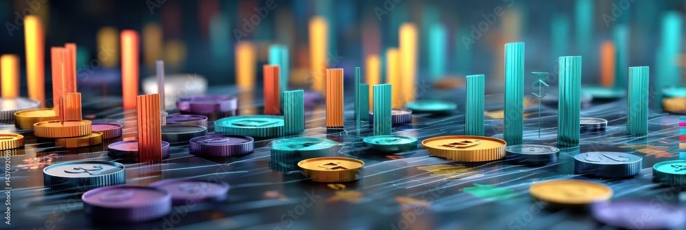 Poster holographic financial chart displays colorful tokens and floating numerical data in a futuristic set