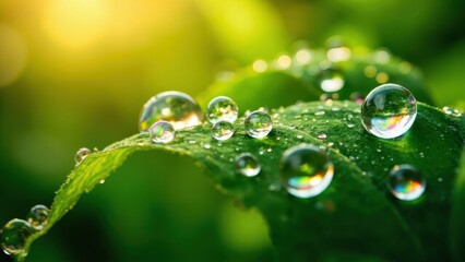 Water droplets on green leaf with sunlight reflections