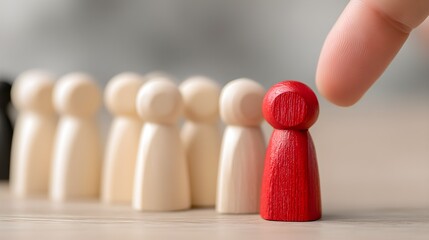Recruitment and Leadership Selection, A hand selects a red wooden figure from a row of neutral-colored figures, symbolizing leadership, recruitment, individuality, or decision making in business.