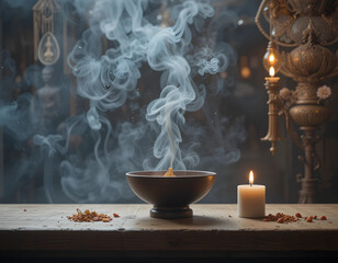 Mystical smoke rising from incense sticks in a dimly lit temple