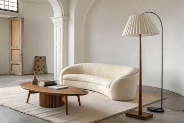 Fototapeta premium Minimalist interior with a curved sofa, pleated floor lamp, and modern wooden coffee table... 