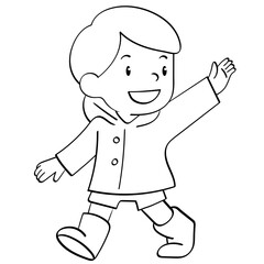 jumping girl in raincoat pigtails happy doodle illustration