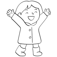 jumping kid in raincoat joyful doodle illustration