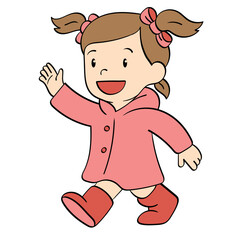 kid in raincoat cheerful arms up doodle illustration