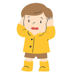 kid in raincoat cheering arms up doodle illustration