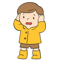 kid in raincoat cheering arms up doodle illustration