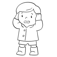 kid in raincoat cheering arms up doodle illustration