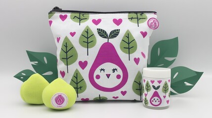Colorful Cosmetic Bag and Accessories with Cute Pear Design and Leaf Background