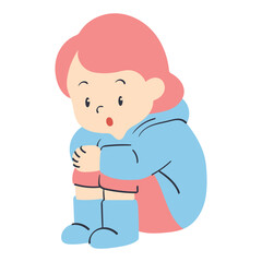 kid in raincoat sitting sad hugging knees doodle illustration
