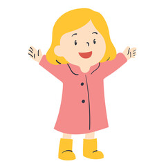 kid in raincoat smiling hands up doodle illustration