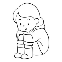 kid in raincoat sitting sad hugging knees doodle illustration