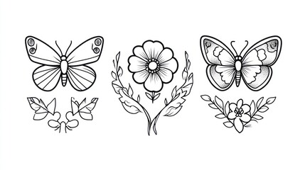 Butterflies, flowers, line art, nature, design, tattoo, white background, illustration