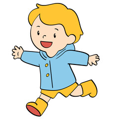 running kid in raincoat excited doodle illustration