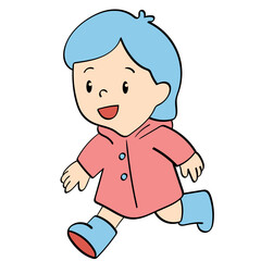 running kid in raincoat happy doodle illustration