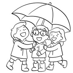 three kids in raincoats sharing umbrella doodle illustration