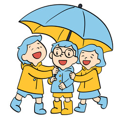 three kids in raincoats sharing umbrella doodle illustration