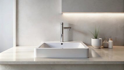 Fototapeta premium Modern minimalist bathroom sink design with sleek chrome faucet and subtle lighting