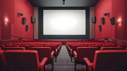Fototapeta premium Red Cinema Auditorium with Empty Seats and Large Screen Display