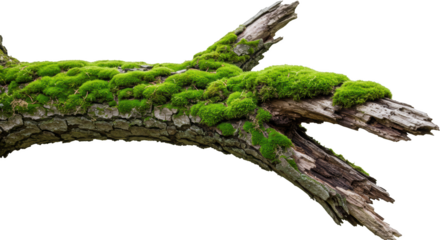 Lush green moss covering a weathered broken tree branch isolated transparent background