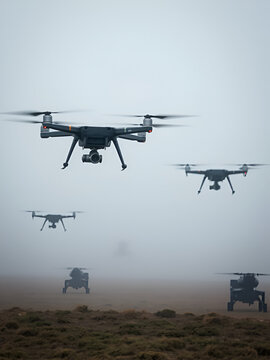 Military drones soar amid tactical operations in a misty landscape