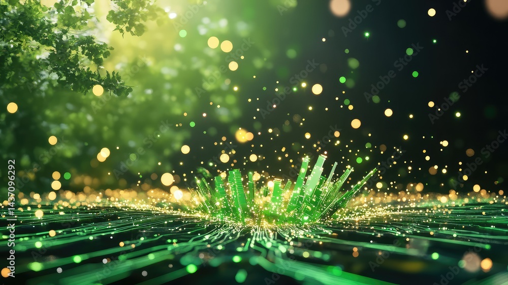 Poster futuristic 3d design with green circuit patterns forming energy-efficient network