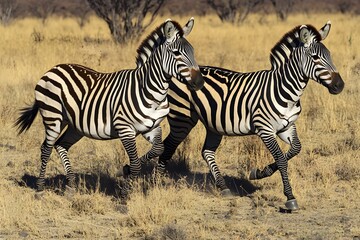 Naklejka premium Two zebras running side by side through a grassy field in the african savanna on a sunny day