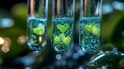 Glowing green hearts in test tubes