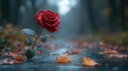 Red rose on a rainy path