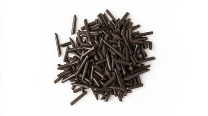 A pile of dark chocolate sprinkles isolated on white background.