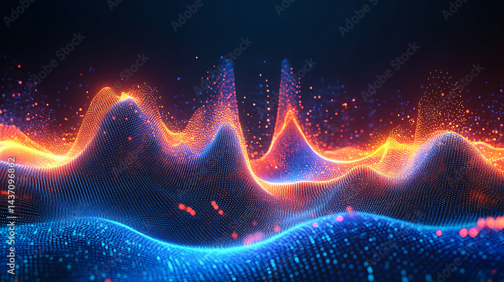 Poster abstract dotted landscape with red and blue gradient glowing particles elegant wavy background futur