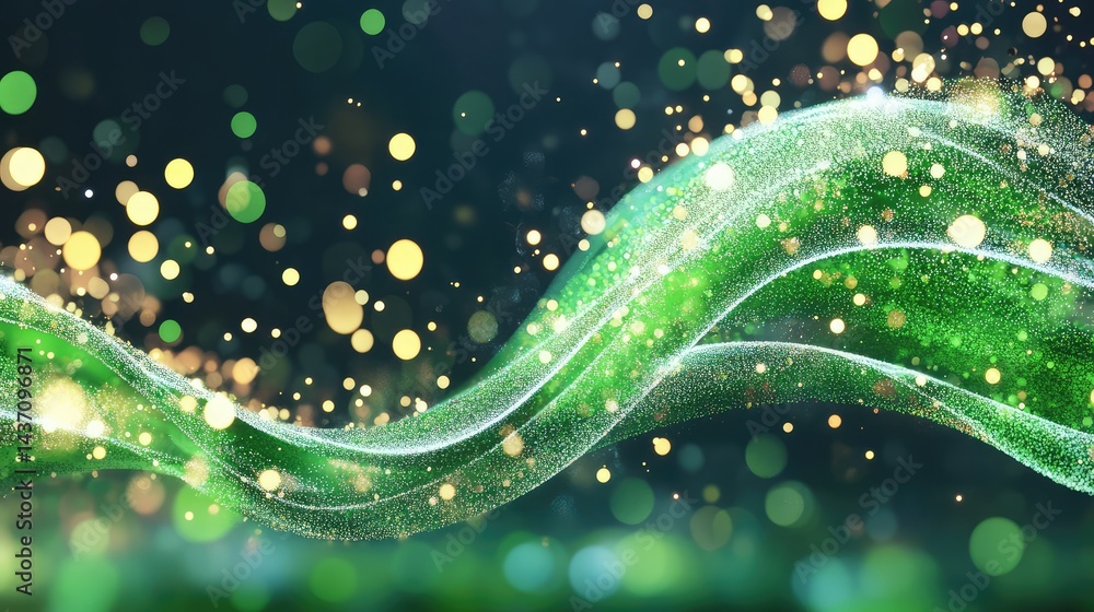Poster green energy wave pattern flowing through 3d digital lines and nodes, computer-generated