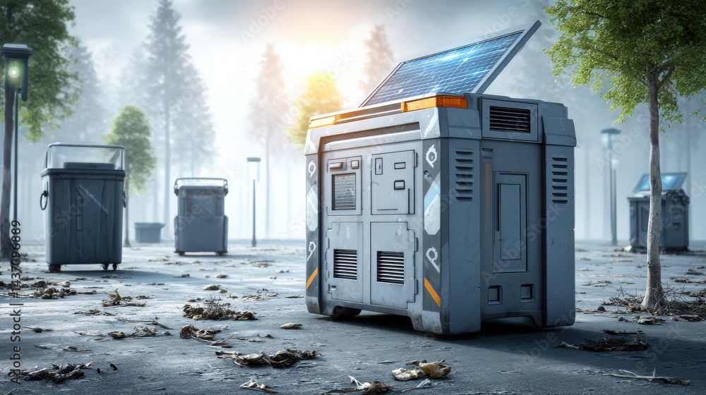 Aufkleber Solar-powered Garbage Bin in Eco-Futuristic Park Setting With Clean Energy Options and Waste Management Solutions