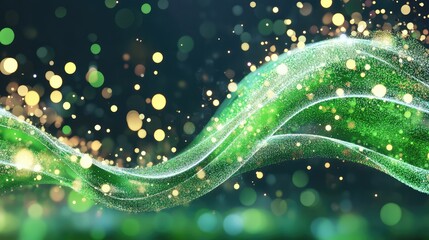 Green energy wave pattern flowing through 3D digital lines and nodes, computer-generated