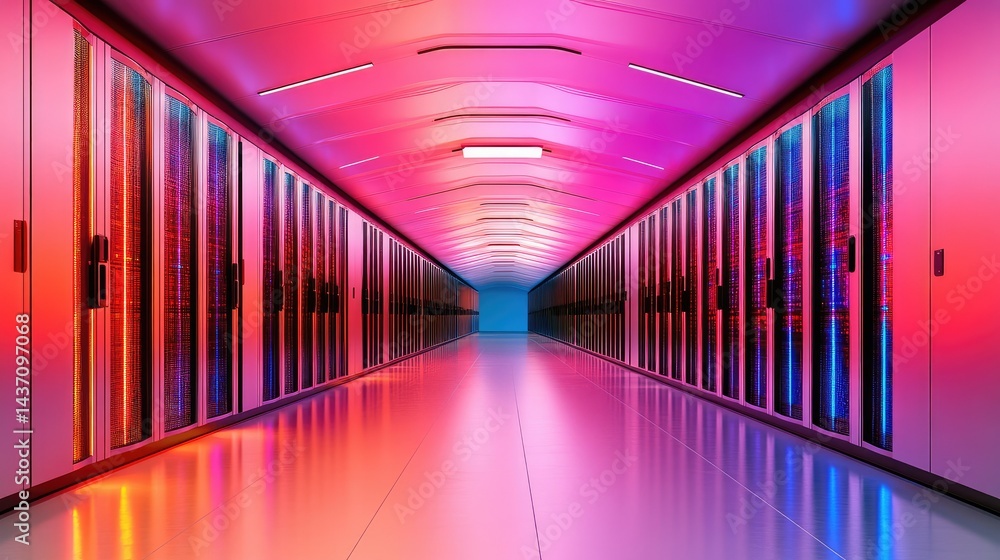 Poster high-tech abstract corridor with red and blue neon lights in parallel motion