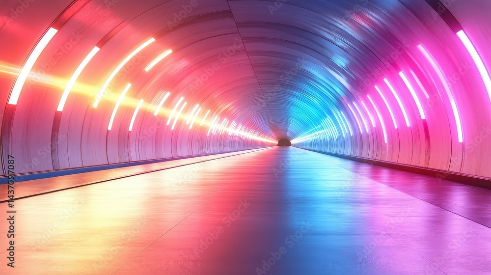 Poster high-tech abstract corridor with red and blue neon lights in parallel motion