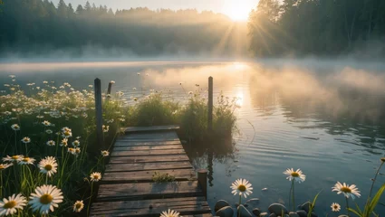 Foto auf Acrylglas Morgen mit Nebel Daisy flowers on lake dock at sunrise with fog and green forest  © Keisa