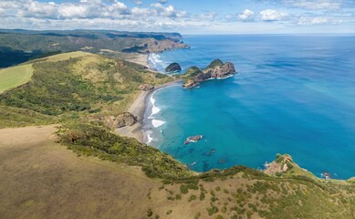 Fototapeta premium Aerial view of Bethells Beach, Auckland, New Zealand, a popular surf spot, with its black sand and rugged cliffs. The image showcases the natural beauty of the coastline.