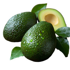 Fresh avocados still life with one cut open food photography