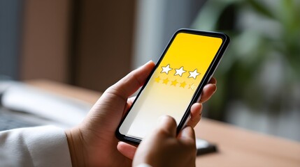 User give five star rating using a smartphone on the online application for the customer review satisfaction feedback survey idea, users rate their service experience