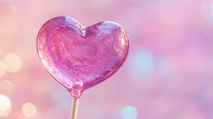 Pink heart shaped lollipop on a blurry background