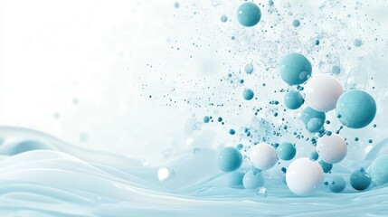 Light blue and white abstract medical background with floating 3D molecules and smooth curves