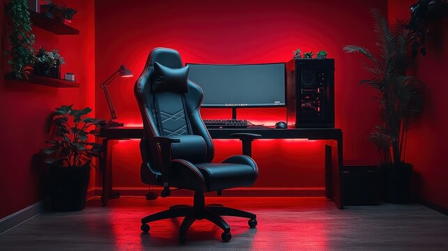 Red-lit gaming setup