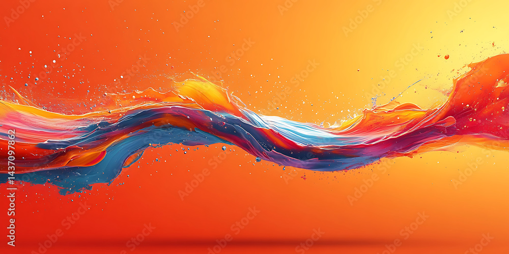 Poster abstract fluid art with vibrant colors on orange background beautiful flowing texture combining blue