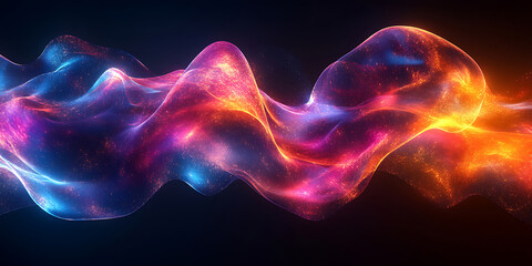 Abstract fluid wave with luminous particle effect in gradient colors on a dark background for presentation backdrop and modern designs
