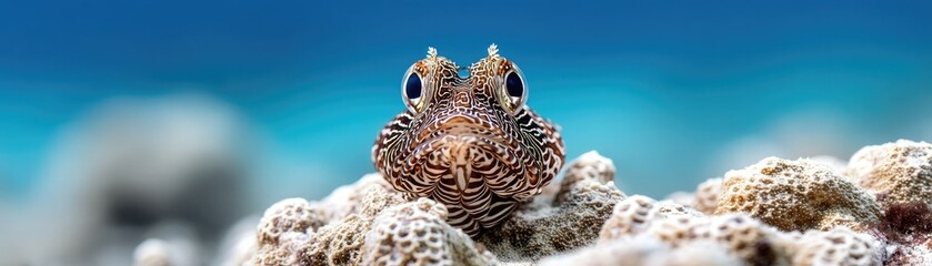 Obraz premium A small, camouflaged fish peers from coral in a vibrant underwater scene with a blue ocean background.