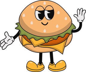 Burger Groovy Mascot Character. Vector Cartoon Illustration.