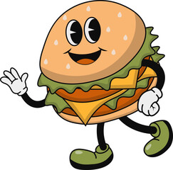 Burger Groovy Mascot Character. Vector Cartoon Illustration.
