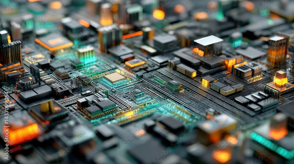 Poster microchip design seamlessly transitions into a modern city layout reflecting technological advanceme