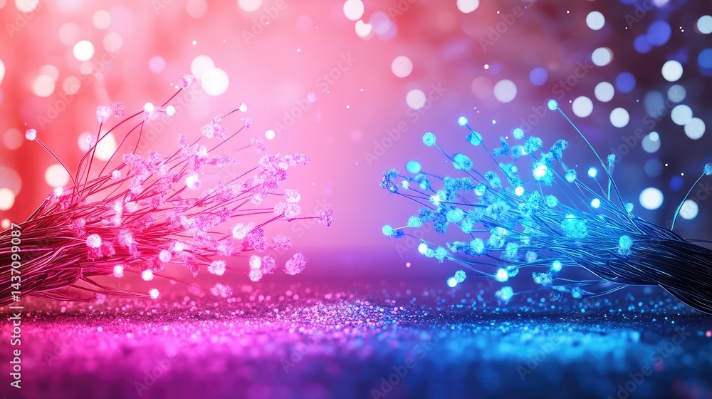 Poster red and blue luminous wires running side by side in cyber-style tech grid