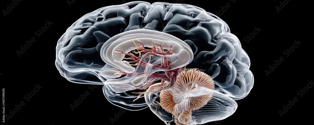 Poster ganglia, illustration of a brain with highlighted neural pathways on a dark background.